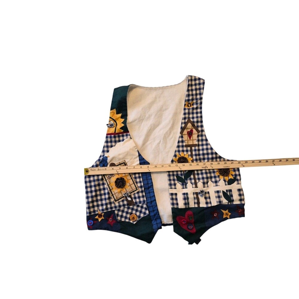 VTG Handmade Vest Sunflower Blue Spring Tie Back Cottagecore Checkered - Picture 4 of 5